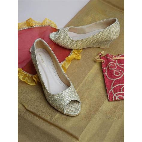 Buy KNEETOES Women Shine Pop Gold Peep-Toe Wedges Heels Online