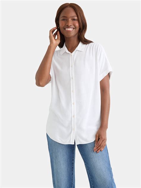 Time and Tru Women's Short Sleeve Camp Shirt, Relaxed Fit, Lightweight ...