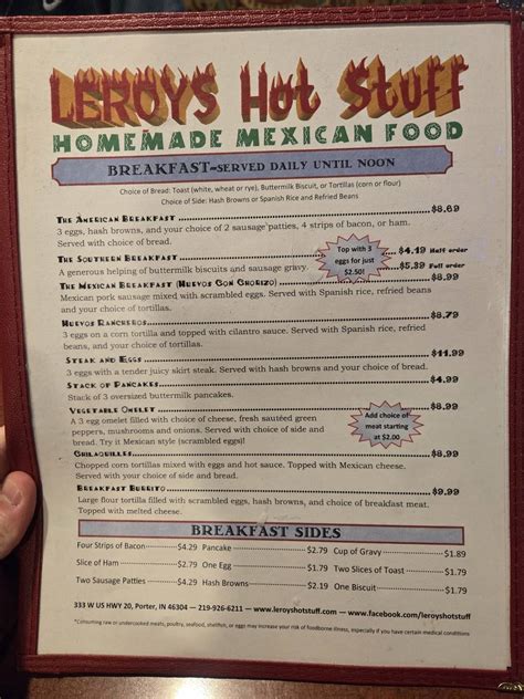 Menu at Leroy's "Hot Stuff" pub & bar, Porter