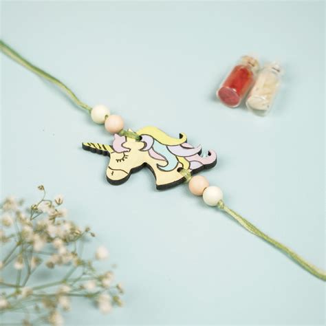 Buy Hand-Painted Unicorn Design MDF Wood Kids Rakhi Online On Zwende