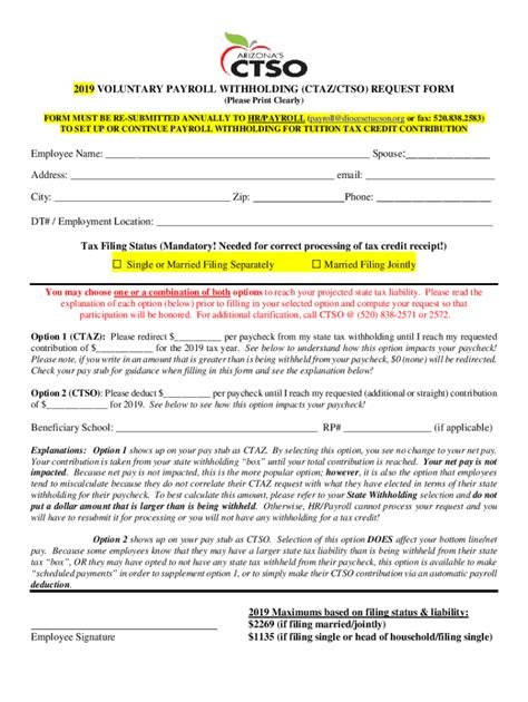 Fillable Online 2019 VOLUNTARY PAYROLL WITHHOLDING (CTAZ/CTSO) REQUEST ...