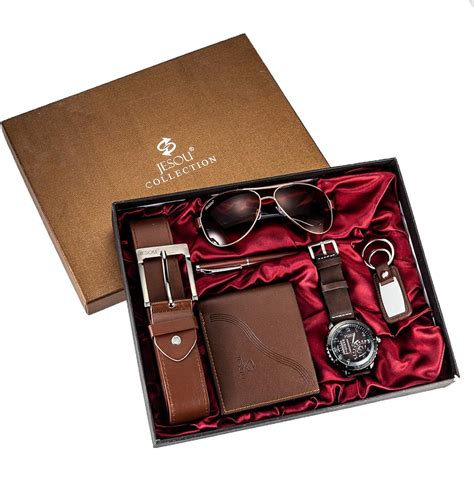 6pcs Men's Gift Set With Box Brown Leather Belt Wallet Watch Glasses ...