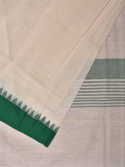 White and Green Khadi Cotton Handloom Plain Saree with Temple Border D ...