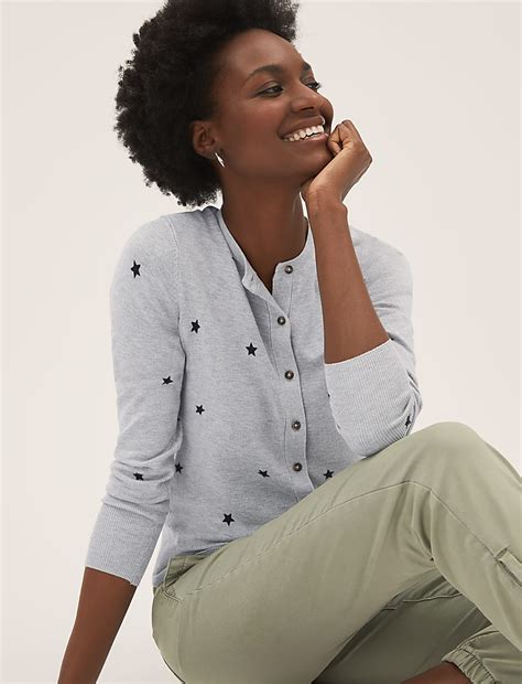 Buy Star Print Crew Neck Button Front Cardigan at Marks & Spencer