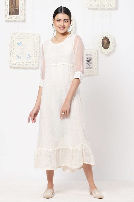 Buy White Linen Applique Pearl Detail Round Midi Dress For Women by ...