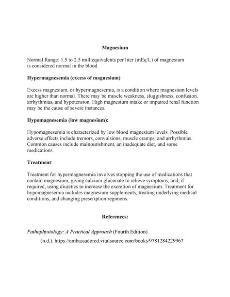 Electrolyte Imbalance - Magnesium Normal Range: 1 to 2 milliequivalents ...