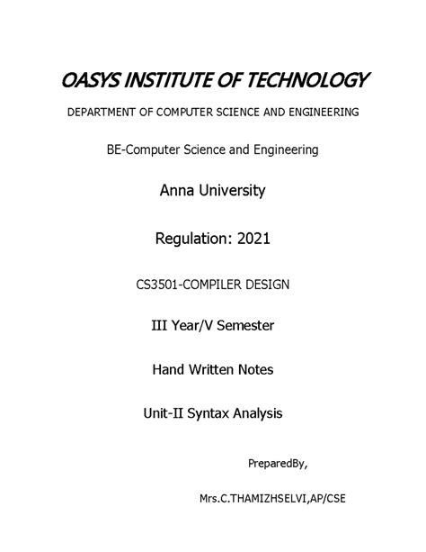 CS3501 Compiler Design Unit II: Syntax Analysis Notes - Studocu