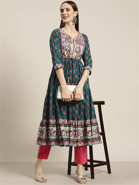 Women's Teal & Beige Floral Printed Anarkali Kurta – Rain & Rainbow
