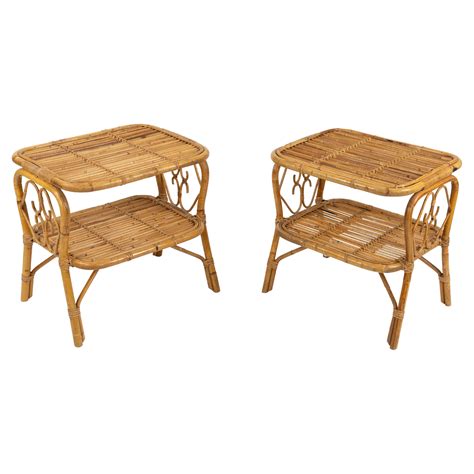 Midcentury Rectangular Side Table with Two Tier Rattan and Bamboo ...