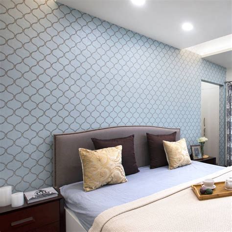 Blue Damask Patterned Wallpaper Design For Bedrooms | Livspace