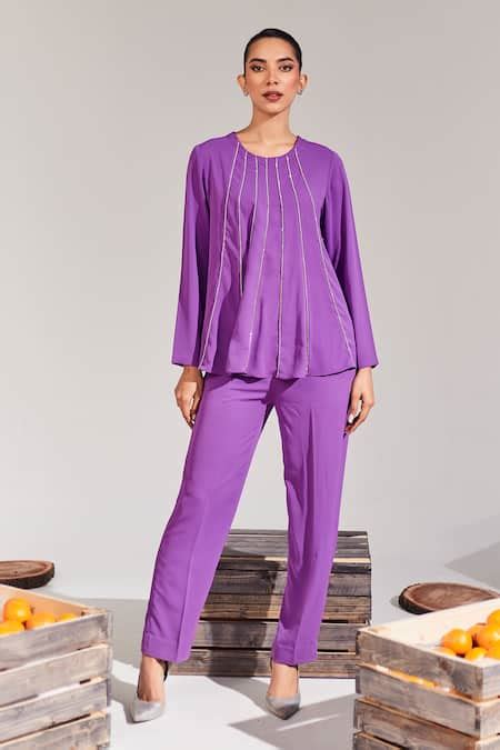 Buy Purple Soft Crepe Embellished Rhinestone Round Limelight Top For ...