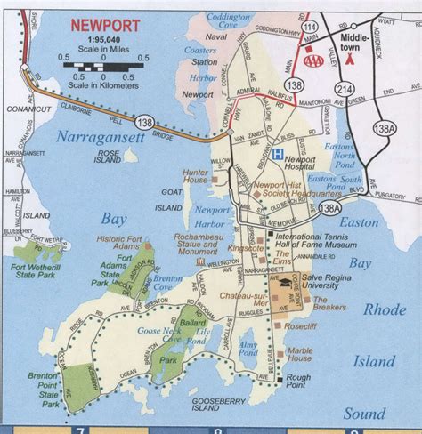 Newport RI roads map, highway Newport city and surrounding area