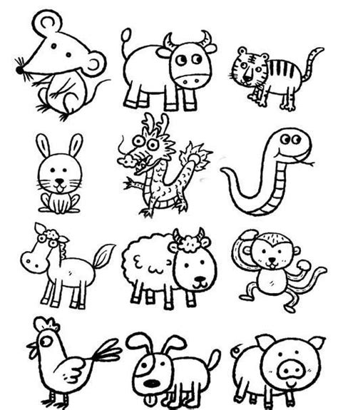 12生肖中的动物分别的简笔画 十二生肖所有动物的简笔画 | 抖兔教育