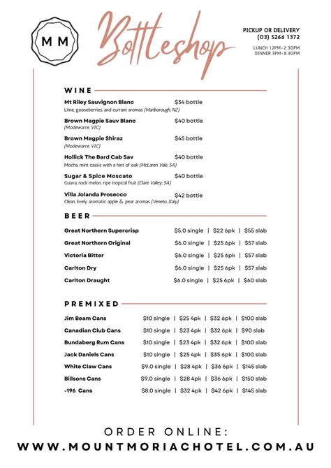 Menu at Mount Moriac Hotel pub & bar, Mount Moriac