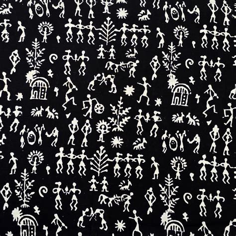 Pure Cotton Black And White Warli Design Hand Block Print Fabric ...