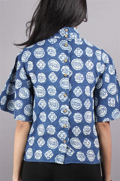 Indigo High Neck Hand Block Printed Cotton Flared Sleeves Back Buttons ...