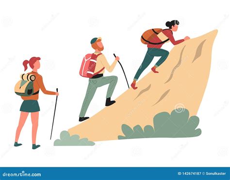 Hiking Climbing Cliff Man and Women Hikers or Backpackers Stock Vector ...