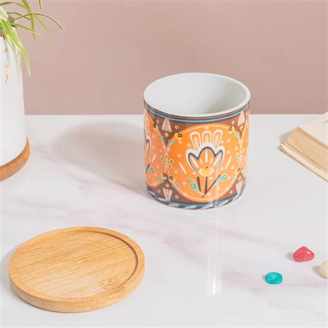 Tawny Tango Bloom Fiesta Botanical Planter With Wooden Coaster