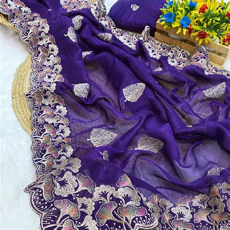 Violet Floral Embroidered Saree in Crunchy Silk Blend