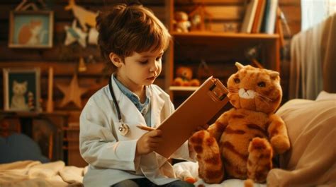 Young boy in veterinarian outfit holding a clipboard examining a ...