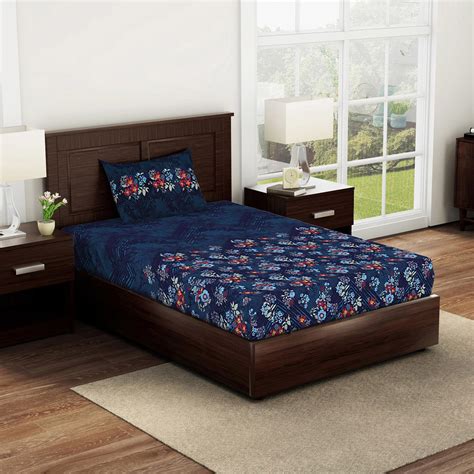 Buy SPACES Essentials Blue Printed Cotton Single Bedsheet - 152x224cm ...