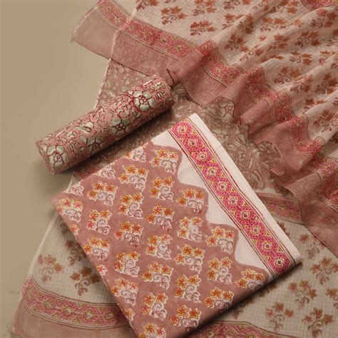 Peach Pure Cotton Hand Block Printed Unstitched Suit Fabric Set With K ...