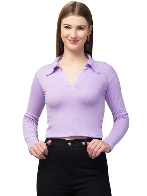 TREND LEVEL Ribbed Polo Collar Full Sleeves Tops for Women (XXS, Purple ...
