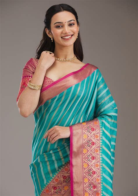 Buy Turquoise Blue Zariwork Tissue Saree - Koskii
