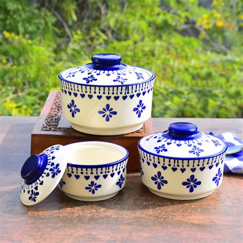 Buy StyleMyWay Hand Painted Ceramic Serving Donga with Lid (Set of 3 ...