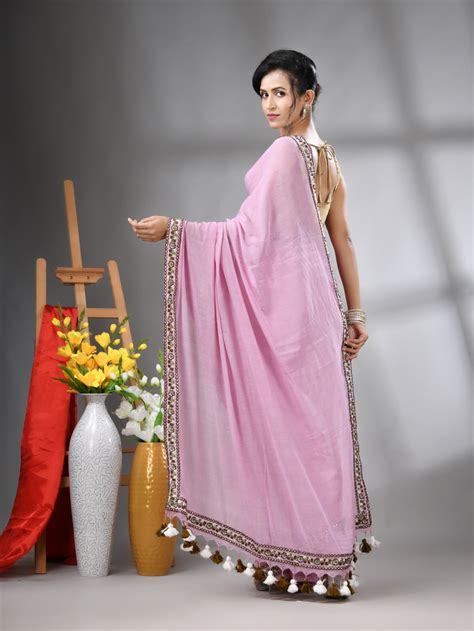 Lilac Mulmul Cotton Soft Saree With Embroidered Borders – Charukriti