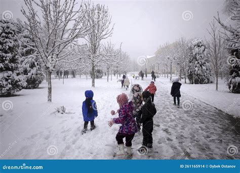 The Children are Playing Outside in the Snow Stock Photo - Image of ...
