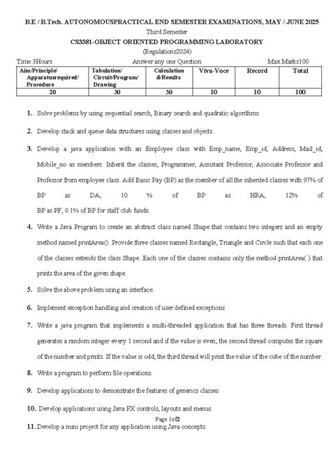 CS3381 - Oriented Programming Laboratory End Sem Exam Questions (May ...