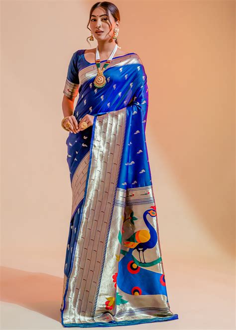Buy Absolute Zero Blue Woven Paithani Silk Saree Online - MySilkLove