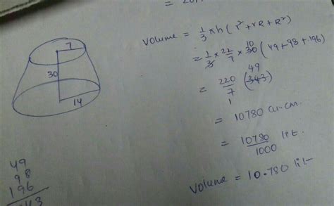 the radii of two circular ends of frustum shape bucket are 14cm and 7cm ...