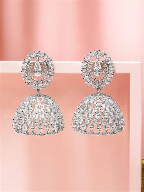 Rubans Rhodium Plated White Cubic Zirconia Studded Dome-Shaped Jhumka