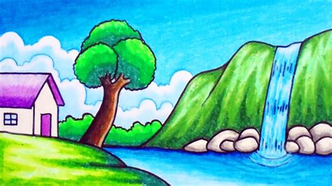 How to Draw Easy Scenery | Drawing Waterfall in the Village Scenery Step by Step with Oil Pastels