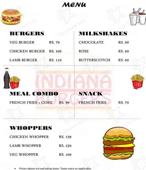 Menu at Indiana Burgers, Bengaluru, 6D