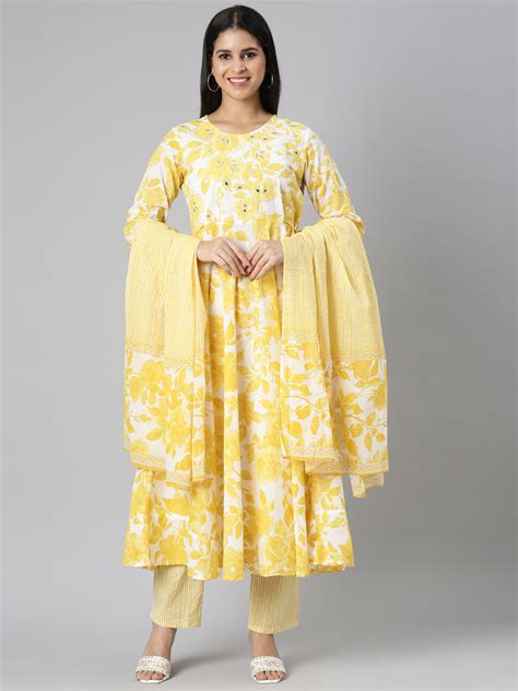 Neerus Mustard Panelled Curved Printed Kurta and Trousers With Dupatta ...