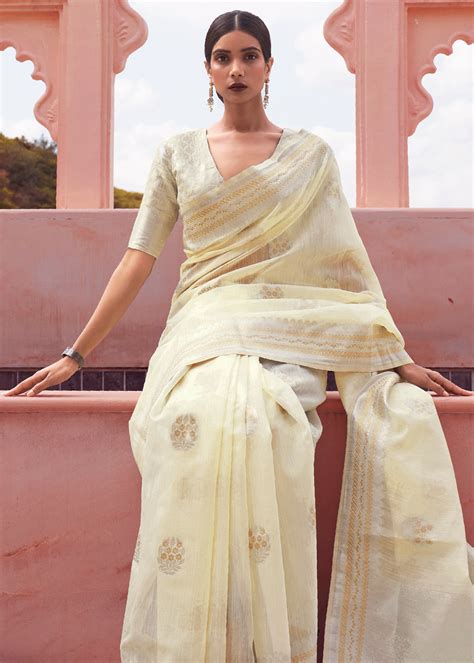 Buy Beige Cream Woven Banarasi Linen Silk Saree Online - MySilkLove