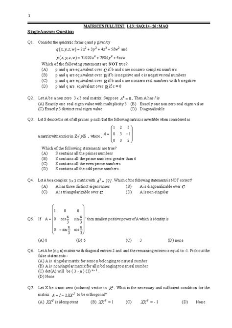 Matrices Full Test Qus - ####### MATRICES FULL TEST 1-13 : SAQ; 14 - 26 ...