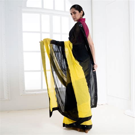 Yellow and black tie and dye georgette saree with sequin border – Boveee