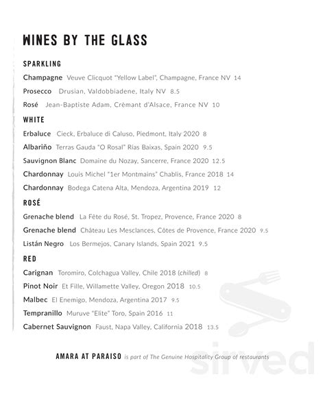 Amara at Paraiso menu in Miami, Florida, USA