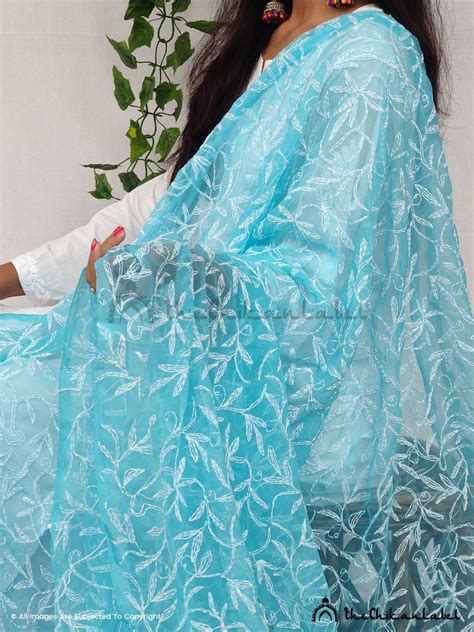 Sky Blue Tepchi Georgette Chikankari Dupatta Lucknawi Chikan