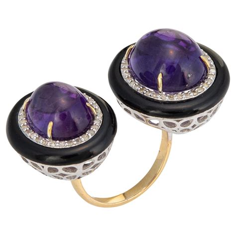 Amethyst Diamond Double Ring Estate Enamel 14k Gold Silver Two Orbs Sz ...