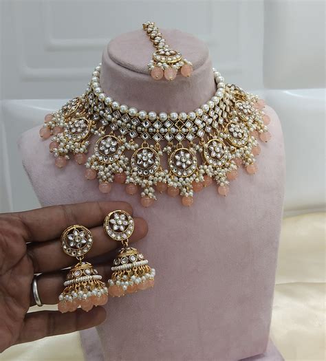 Pride Peach kundan Indian Necklace Jewellery Set – BS Jewels