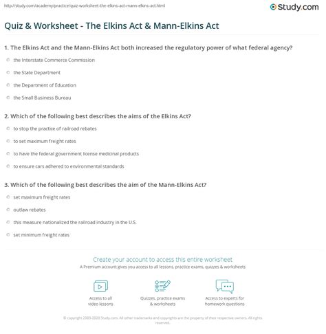 Quiz & Worksheet - The Elkins Act & Mann-Elkins Act | Study.com