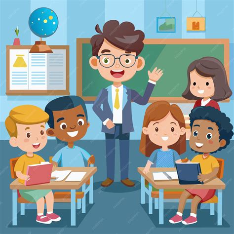 Premium Vector | A cartoon illustration of a teacher with students in a ...