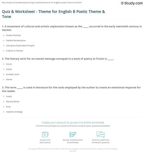 Quiz & Worksheet - Theme for English B Poetic Theme & Tone | Study.com