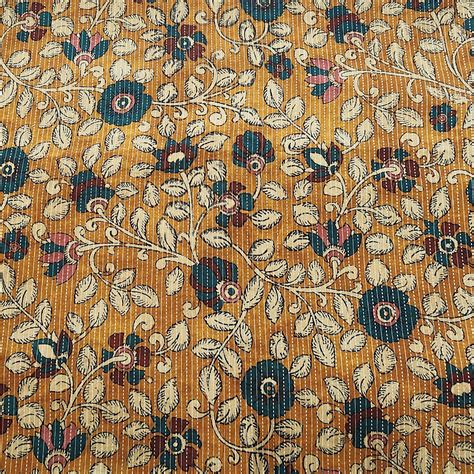 Pure Cotton Katha Kalamkari Mustard With Flower Jaal Digital Print Fab ...