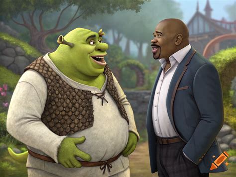 Shrek and Steve Harvey talk in a rendered garden scene. on Craiyon